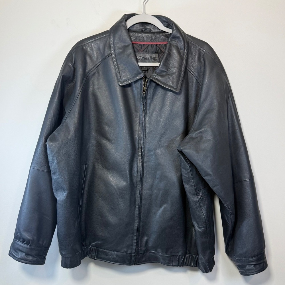 St Johns Bay Leather Bomber Jacket Men XL Black Quilted Lined Zip Biker Moto 90s